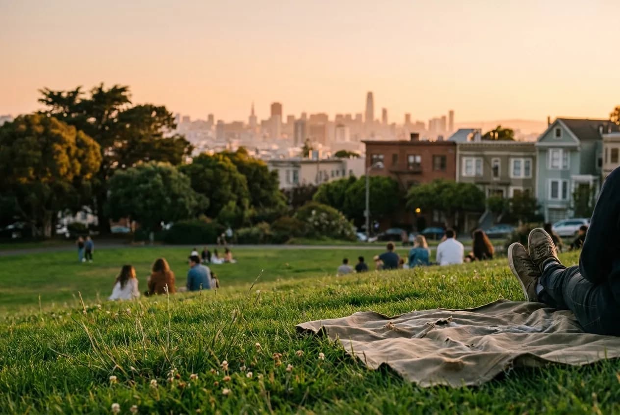 A sloping green lawn with people scattered across it and a low city skyline visible beyond the trees at the bottom of the slope