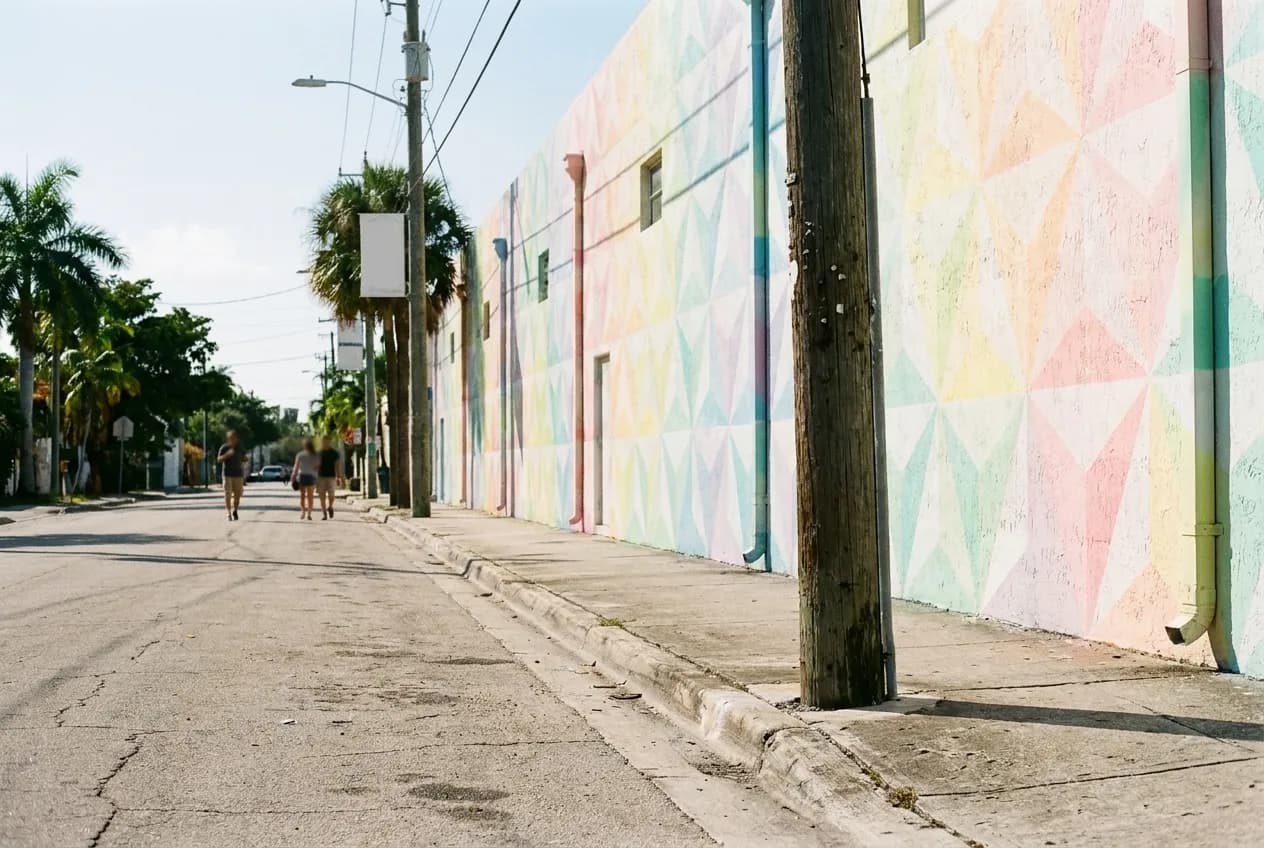 A long warehouse wall covered in dense painted colour running the length of a sunlit street, a kerb and a utility pole in the near foreground