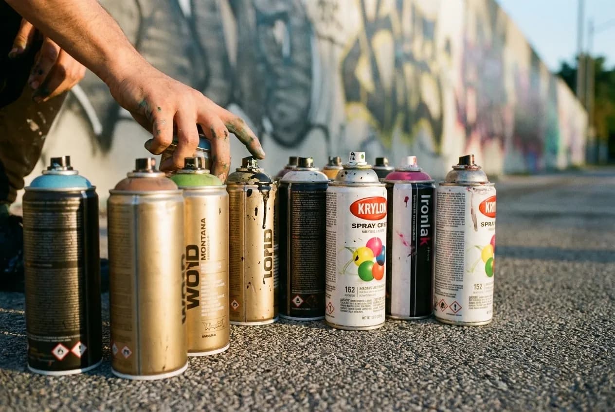 A row of spray cans standing on the ground in front of a partly painted wall, nozzles and drips visible on the caps