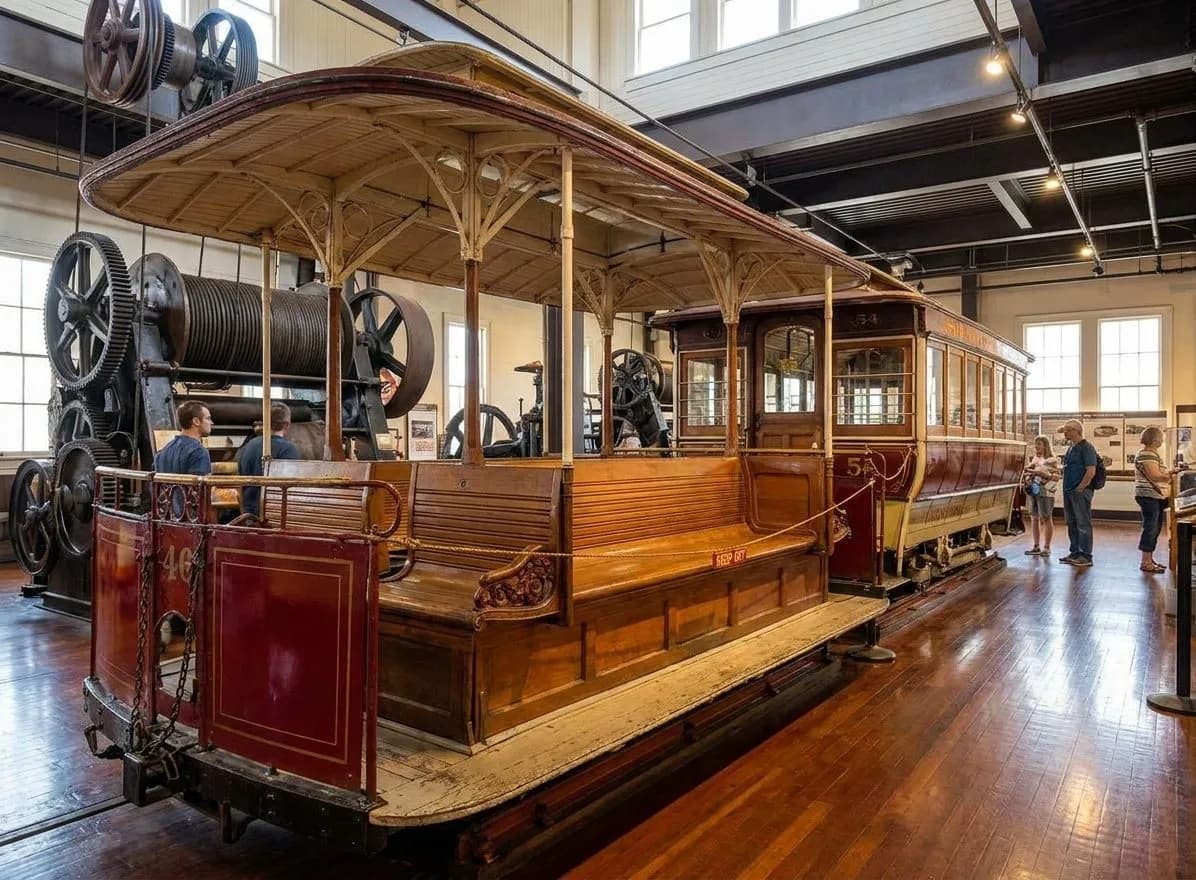 Wide view of the Cable Car Museum machinery room in San Francisco