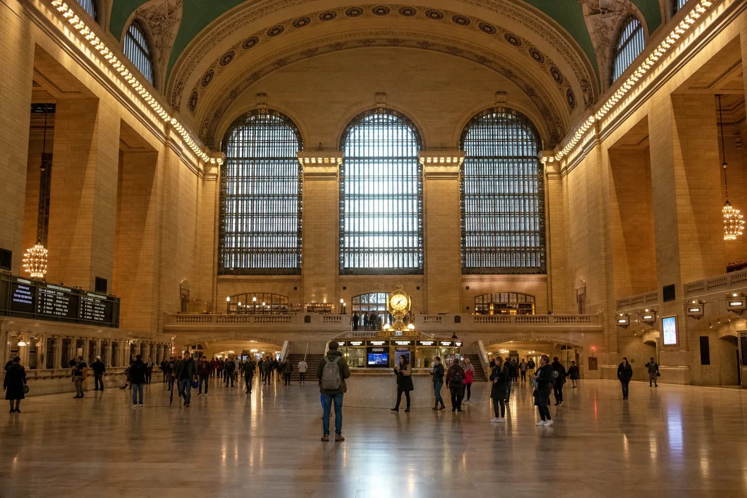 Wide interior view of Grand Central Terminal with light crowds and warm station light