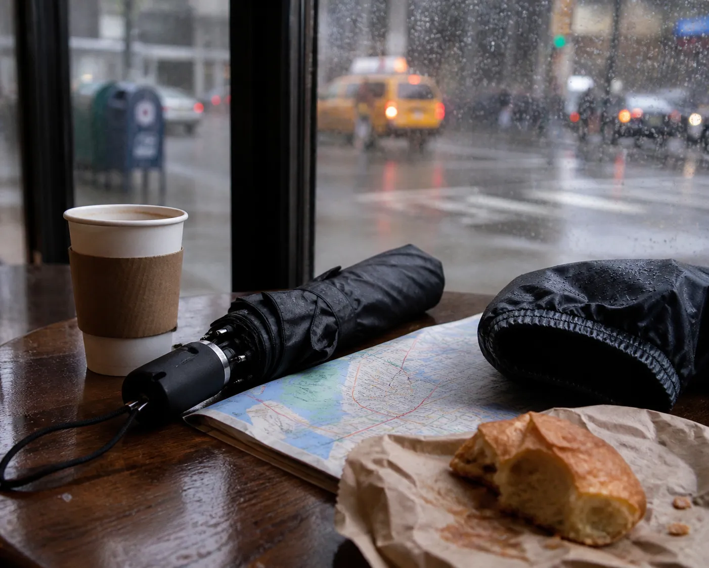 Coffee cup, folded umbrella, and transit map on a café table during a rainy day