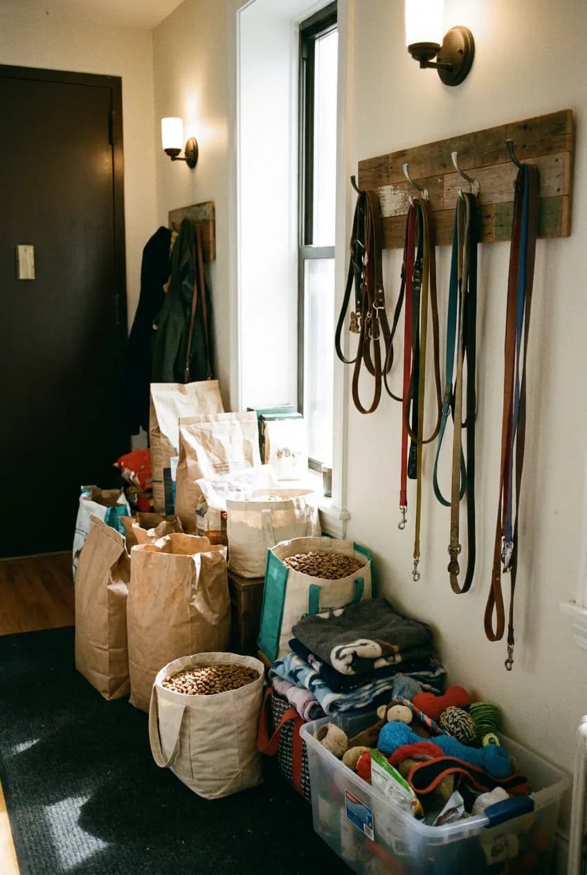 Pet food and supplies in a New York apartment entryway
