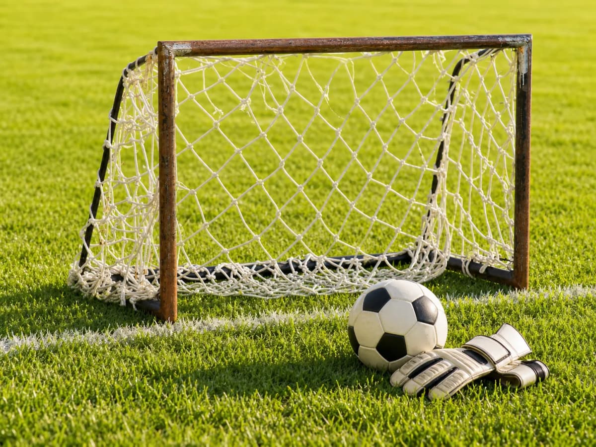 Bright realistic goalkeeper gloves and goal net image