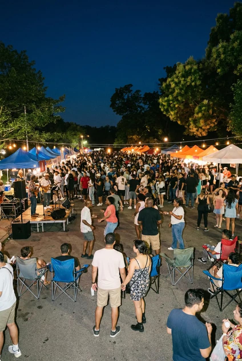 Queens neighborhood plaza with summer music