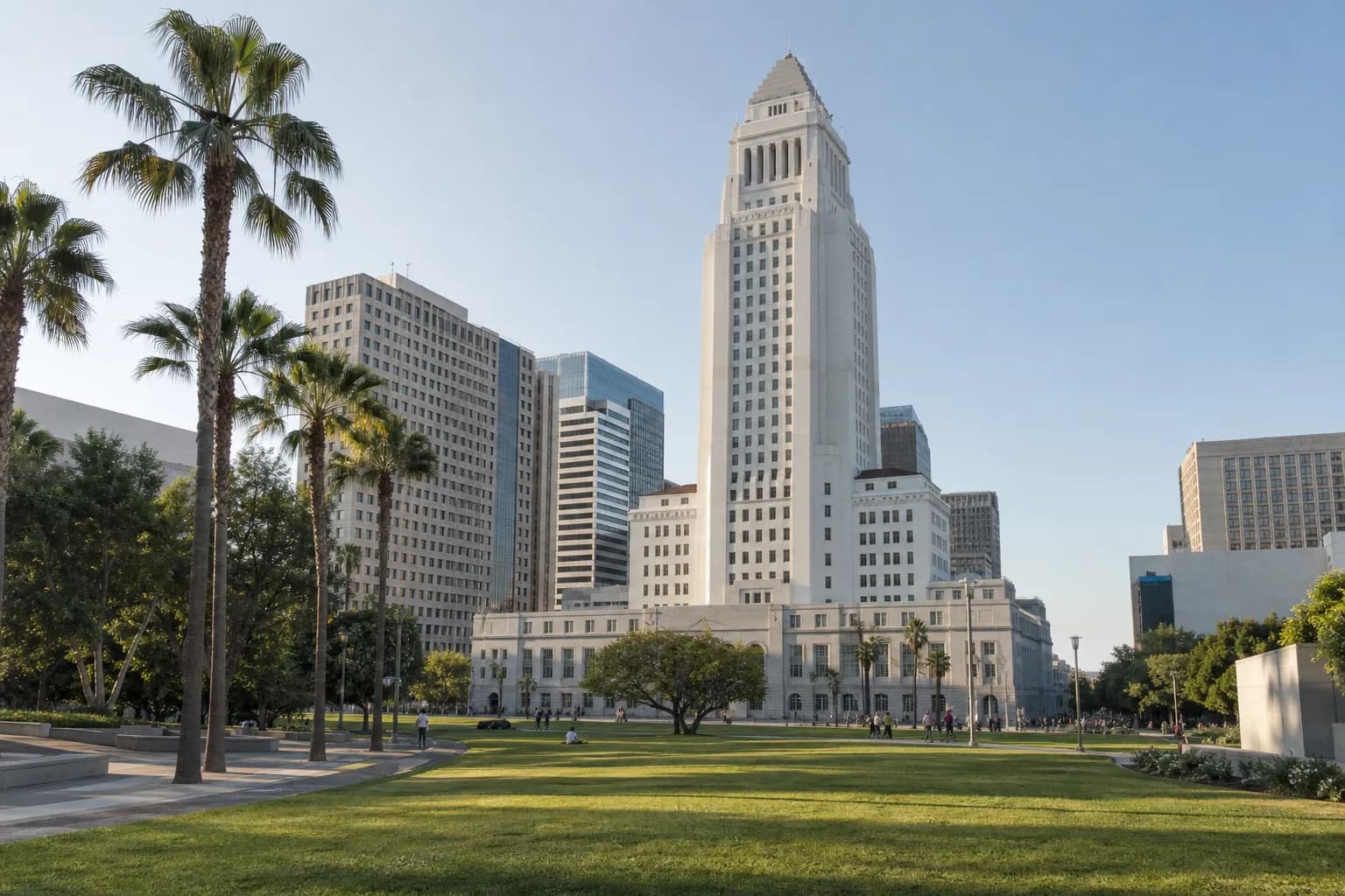Sunlit Union Station and nearby downtown Los Angeles plaza
