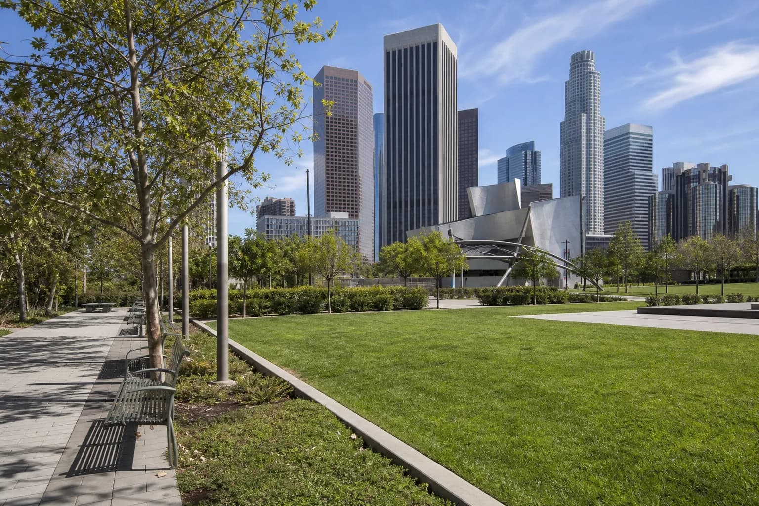 Wide civic plaza and skyline in downtown Los Angeles