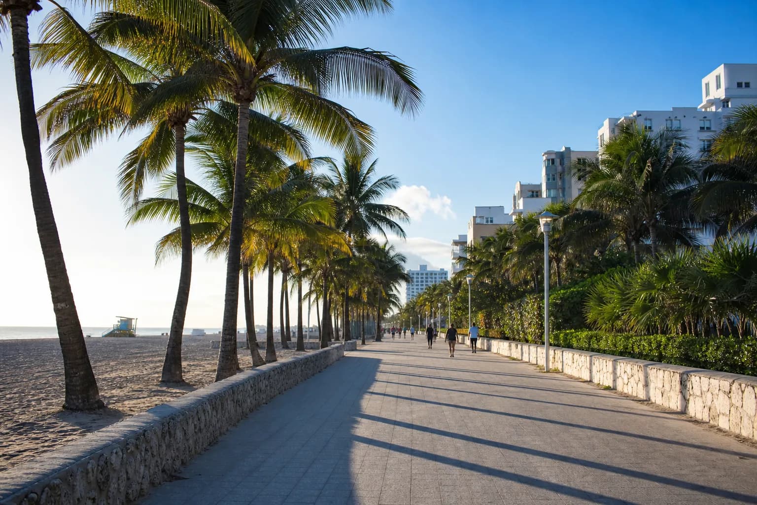 Shaded Miami Beach boardwalk with palms and ocean on a bright morning