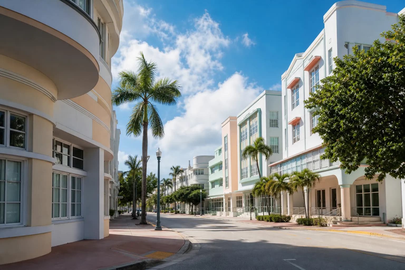 Pastel art deco buildings and quiet sidewalks in Miami Beach