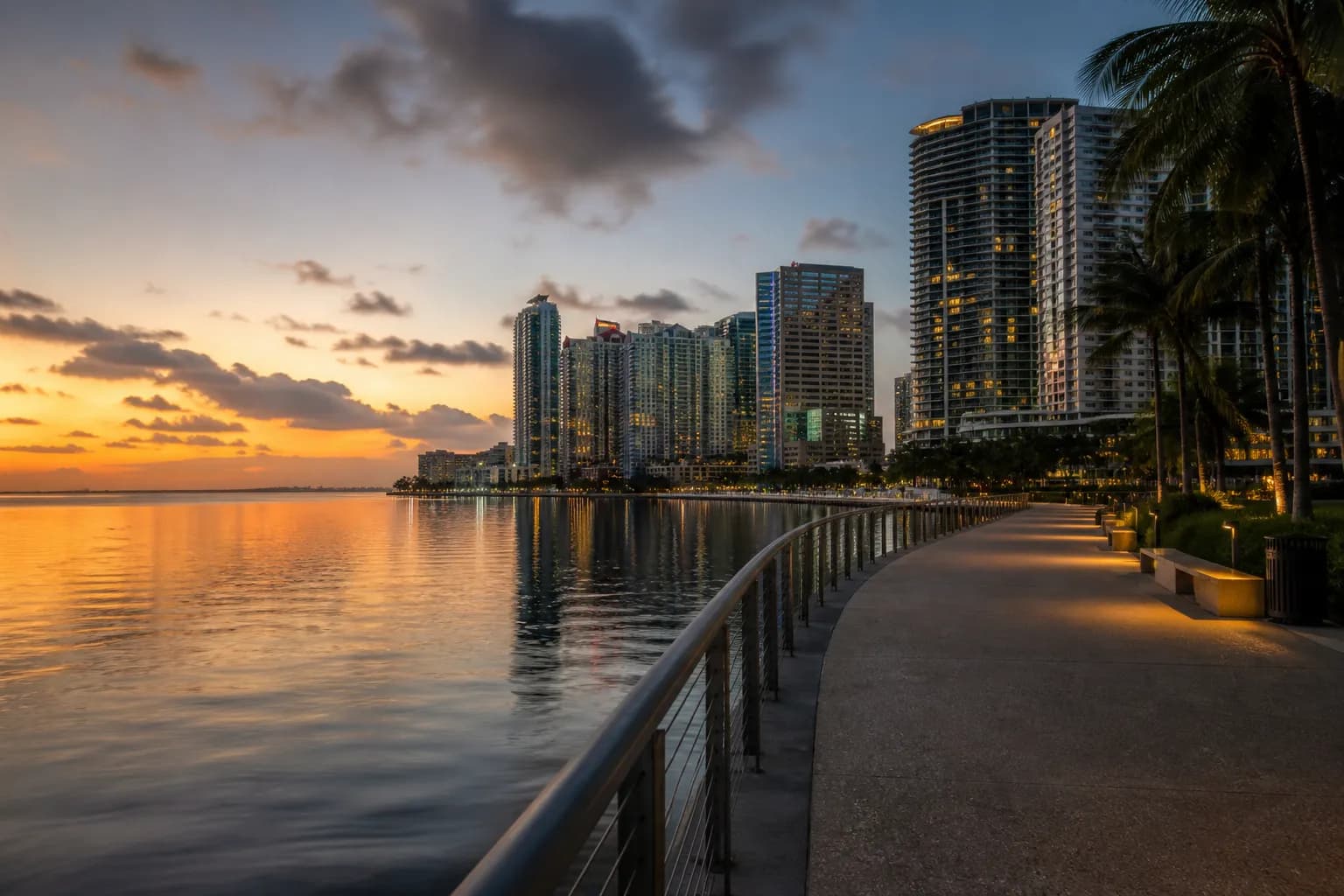 Bayfront Park waterfront with downtown Miami skyline after sunset