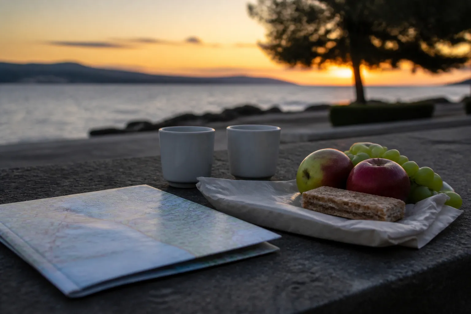 Simple picnic snacks beside the bay with warm sunset light