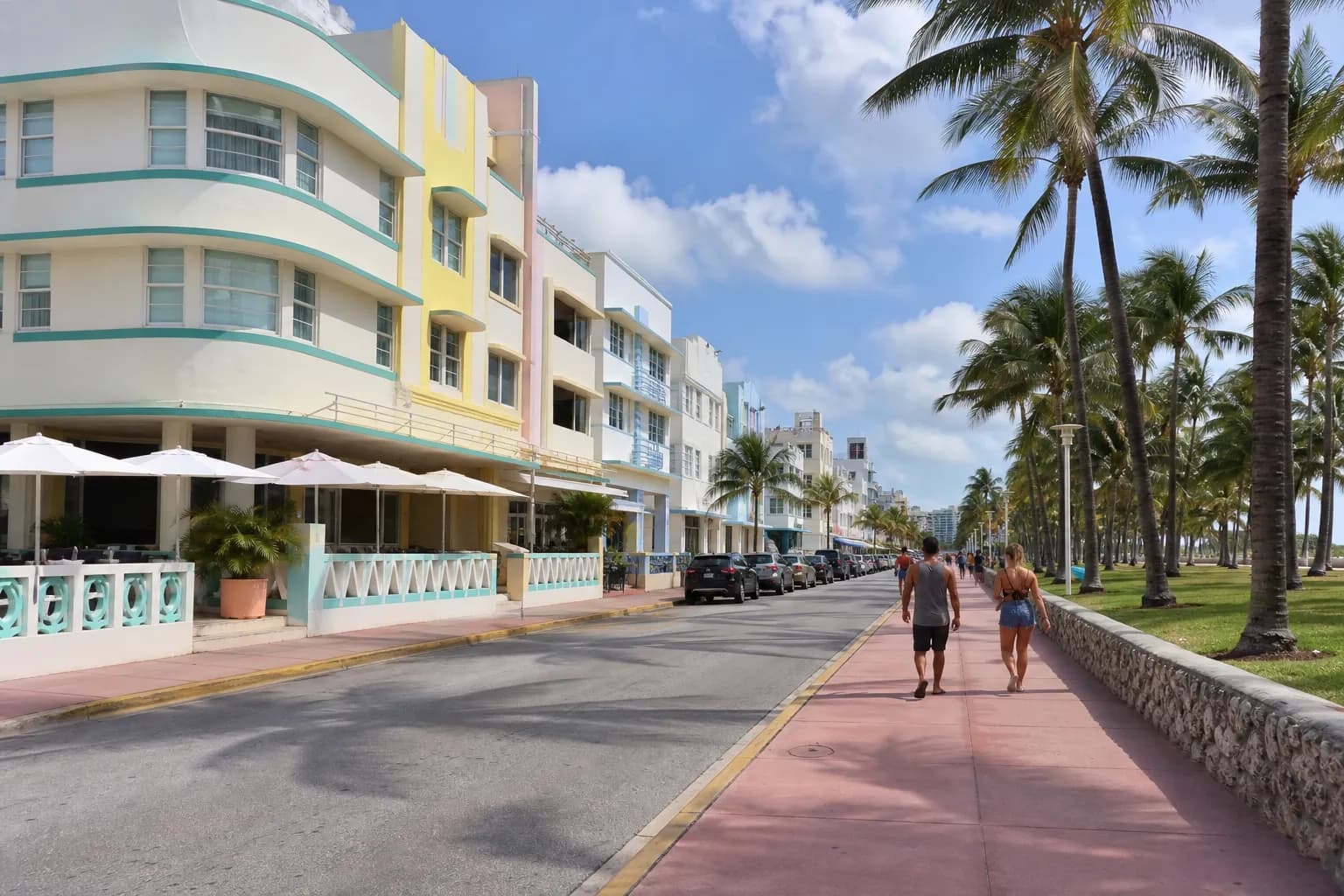 Pastel Art Deco buildings along a South Beach street in morning light