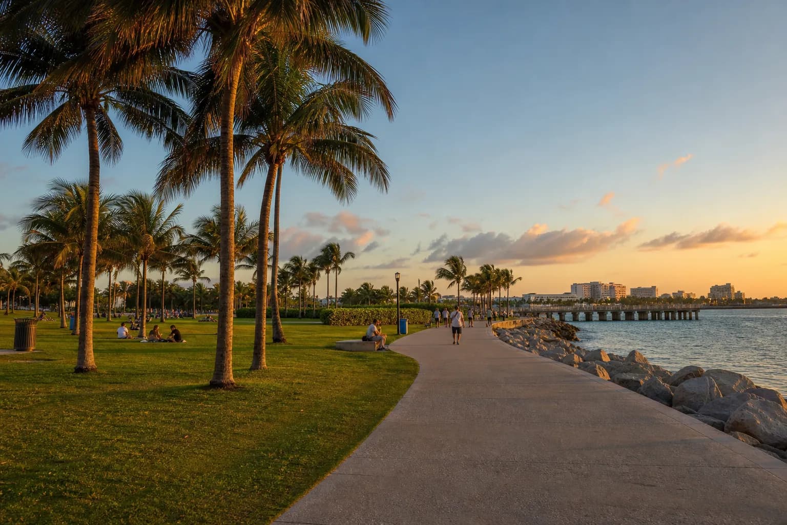 Pedestrian street with palm trees and Art Deco facades in Miami Beach