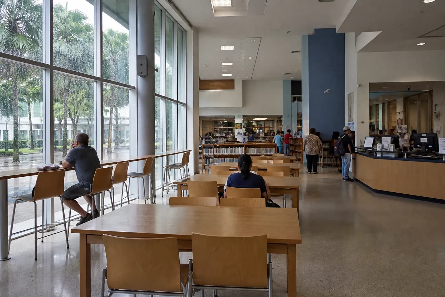Bright Miami public library reading area on a rainy day