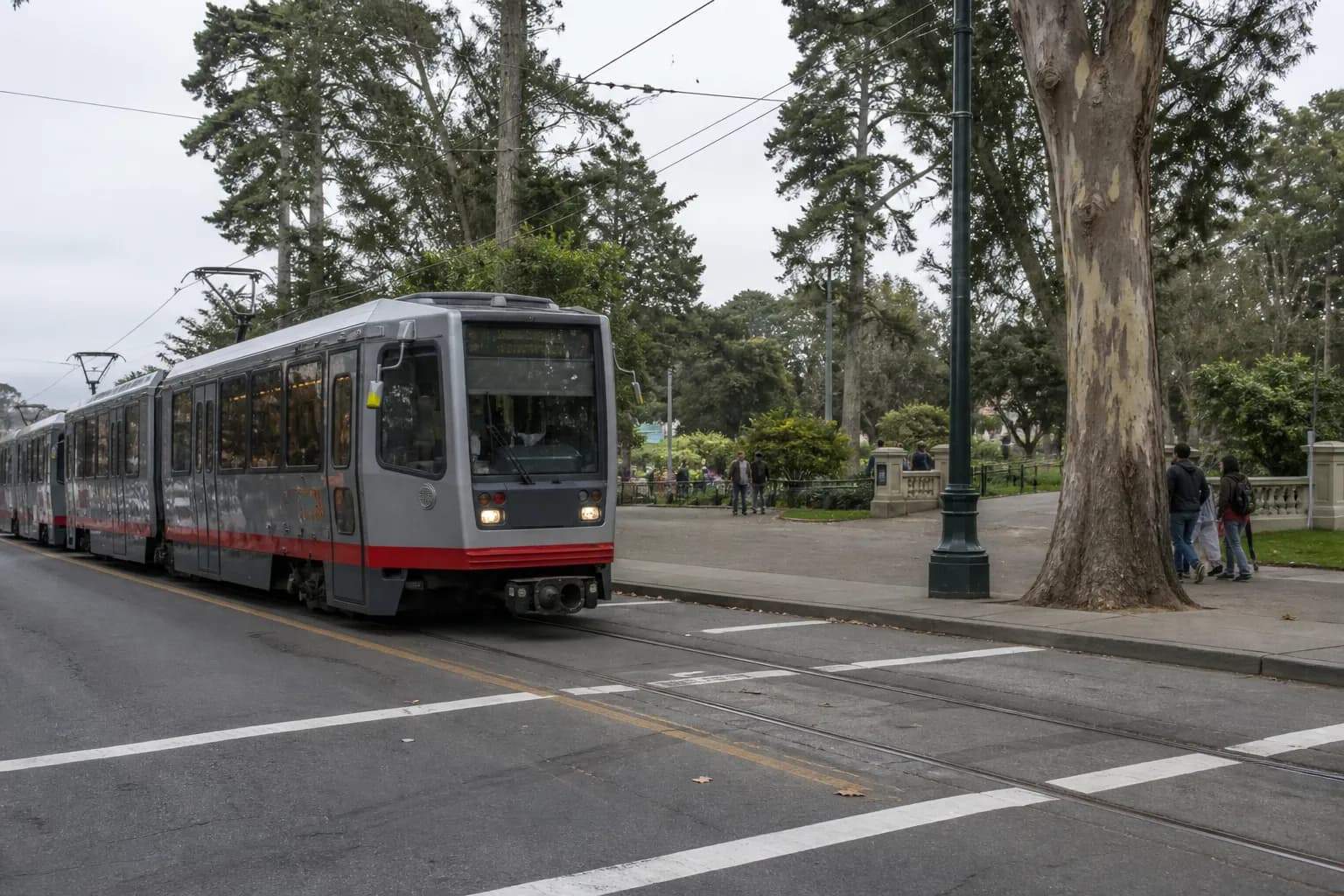 Muni light rail crossing near the edge of Golden Gate Park