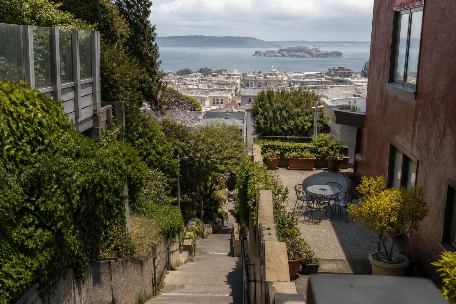 Hilltop stairway and greenery near Telegraph Hill under blue sky
