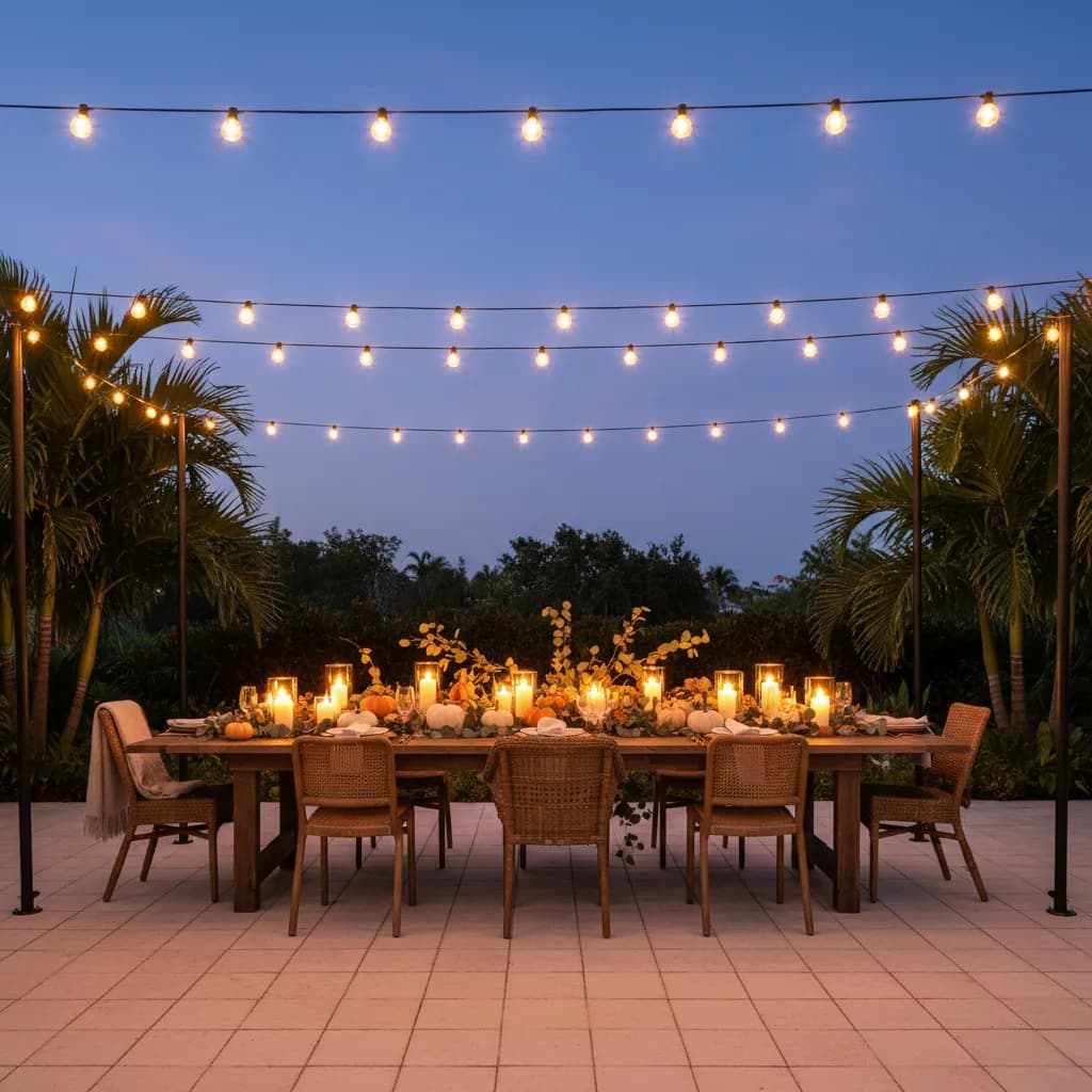 Outdoor Friendsgiving table on a Miami patio with candles, pumpkins and string lights at blue hour