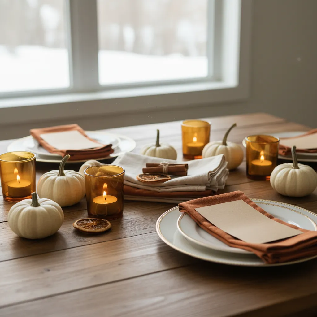 Budget Friendsgiving tablescape close-up with votive candles, mini pumpkins and kraft place cards