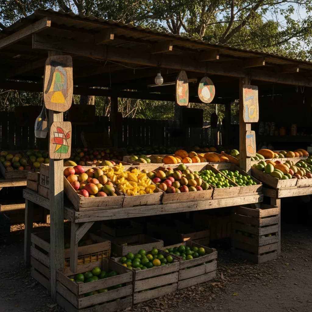 Crates of mangoes, starfruit and papayas at a South Florida farm stand in morning sun
