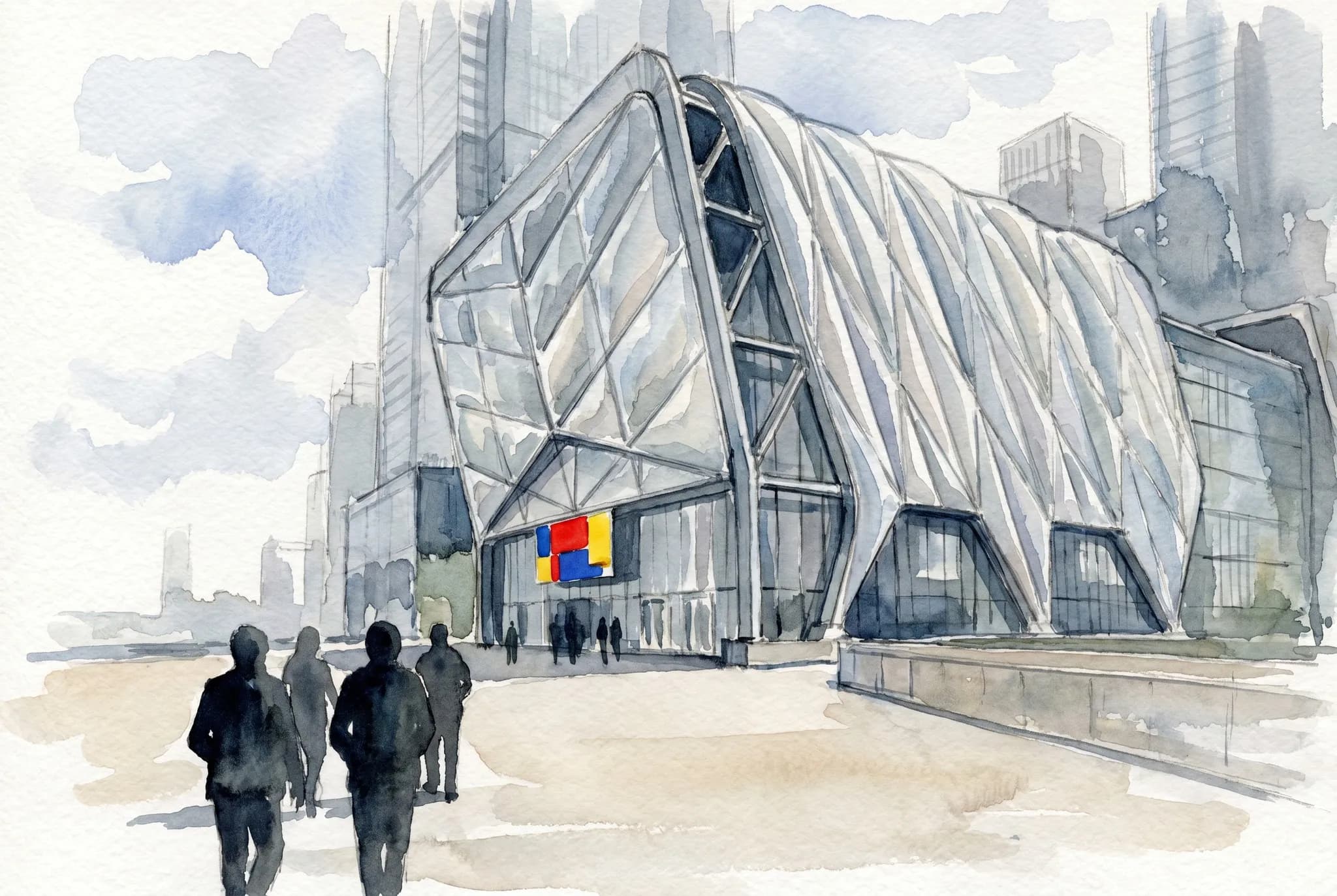 AI-generated watercolor: the exterior of The Shed at Hudson Yards in NYC mid-afternoon with the iconic moveable telescoping shell in its expanded position, the corrugated translucent ETFE cushion skin and framed beams visible, three or four visitors approaching the entrance as pure dark silhouettes, a low-key abstract banner near the door, soft cobalt sky and Hudson Yards architecture framing the background