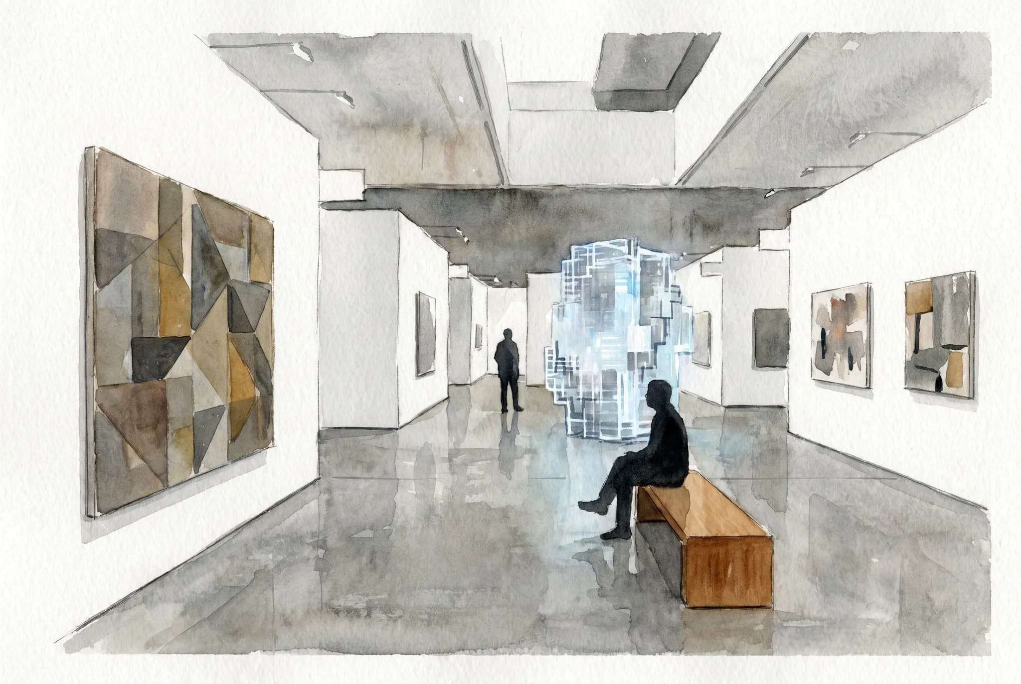 AI-generated watercolor: interior of an art fair at a contemporary venue, long polished concrete floor, white temporary booth walls, mid-afternoon overhead diffuse lighting, a large abstract color-field painting on a booth wall in the foreground left, two smaller works on an opposite booth wall in middle distance, a glowing computational sculpture rendered as a pixelated mass of color in the center, two visitors as pure dark silhouettes — one seated on a backless gallery bench, one standing further back