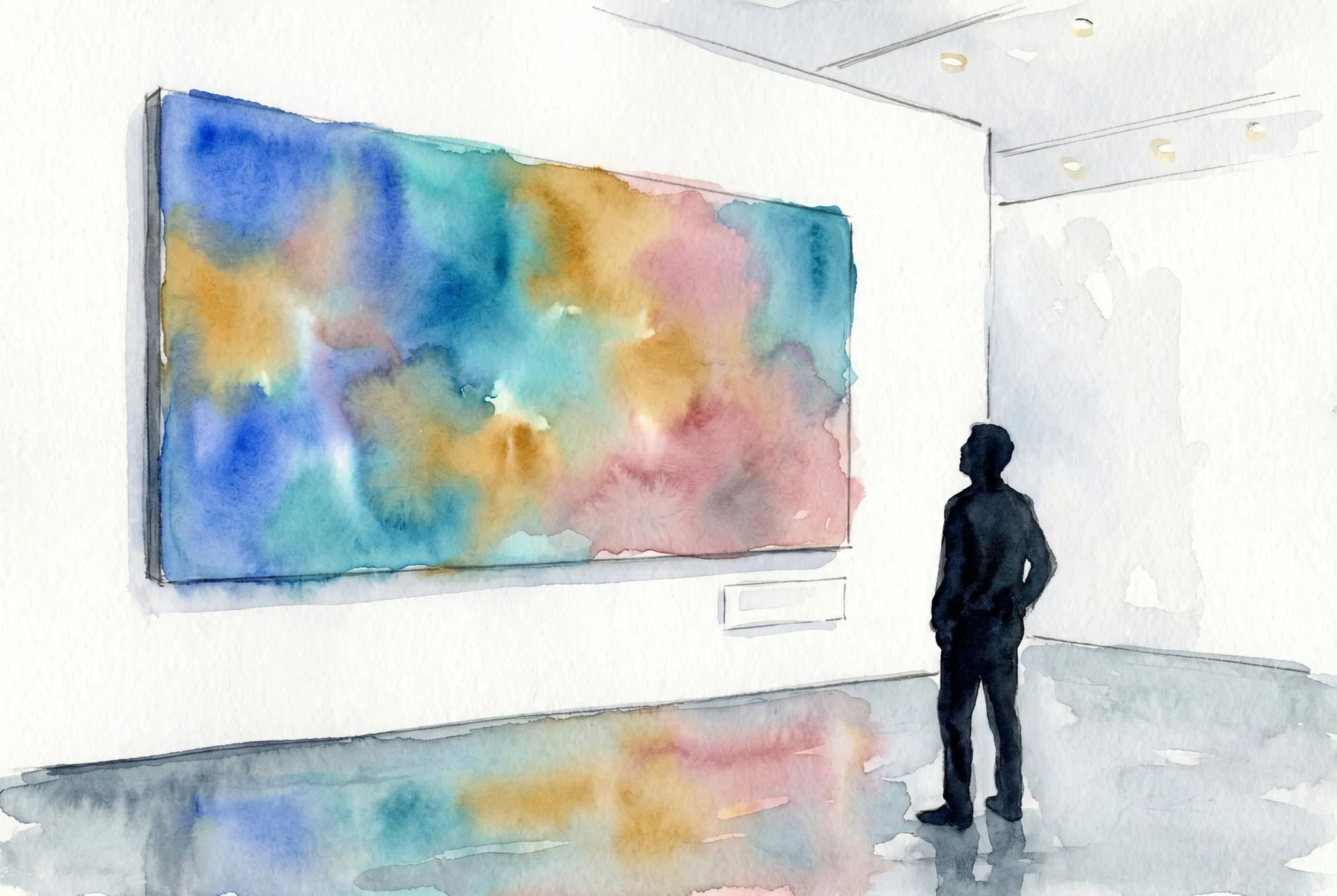 AI-generated watercolor: close-up gallery vignette of a single contemporary artwork — a glowing horizontal large-format LED panel on a white booth wall displaying an abstract field of slowly shifting watercolor-like washes in cobalt teal ochre and dusty pink, a small blank wall label below, one viewer on the right in three-quarter back view as a pure dark silhouette, soft polished concrete floor showing warm screen-color reflection