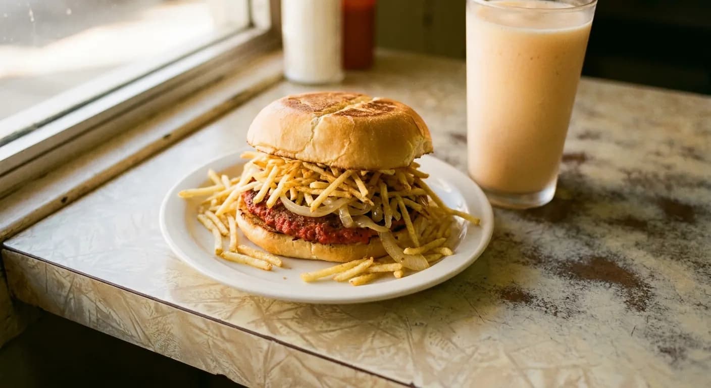 Frita cubana on a toasted Cuban roll piled with shoestring potatoes, with a tropical batido on a formica counter in Miami