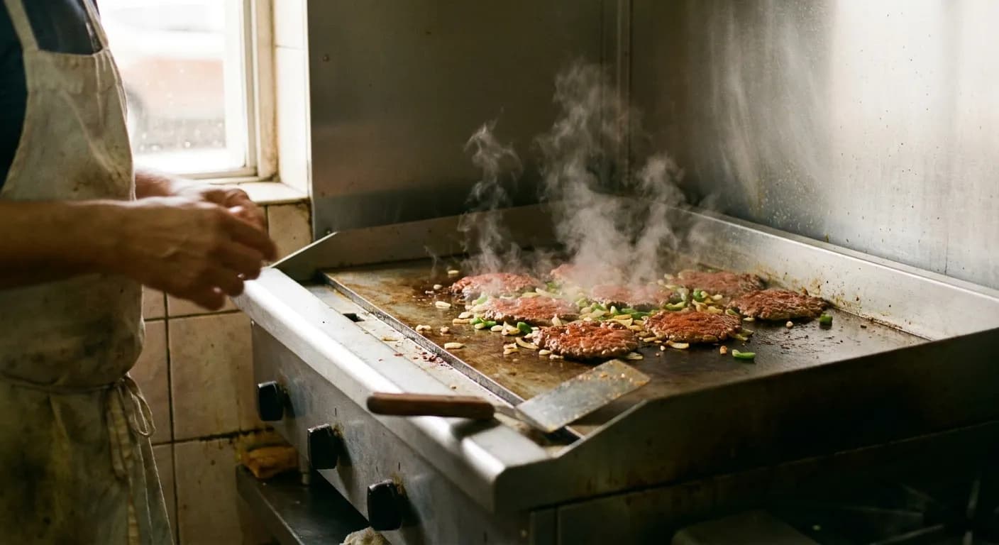 Thin paprika-red frita patties sizzling with onions on a flattop griddle at a Cuban lunch counter in Miami