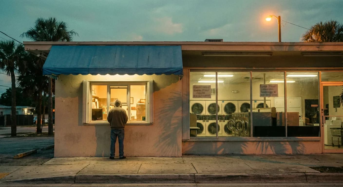 Dusk exterior of a Miami laundromat with a glowing walk-up ventanita window under a blue awning