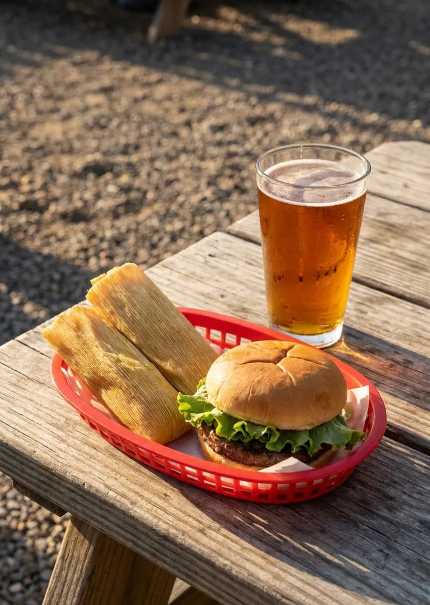 Burger and tamales from Zeitgeist kitchen window on red plastic basket with beer glass