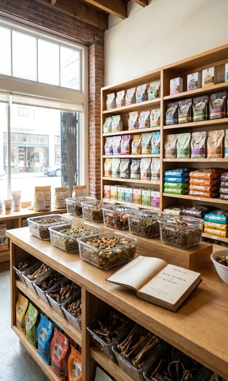Counter display at Jeffrey's Natural Pet Foods showing fresh dog food containers and natural treats in North Beach storefront