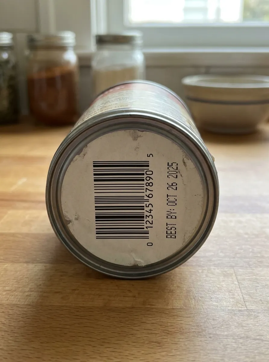 Close-up of dog food can showing UPC barcode and best-by date stamp that owners need to check during recall