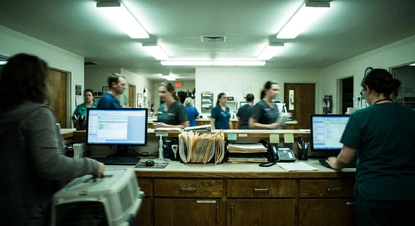 Emergency veterinary hospital reception desk with computer monitors and medical charts, photographed from client perspective