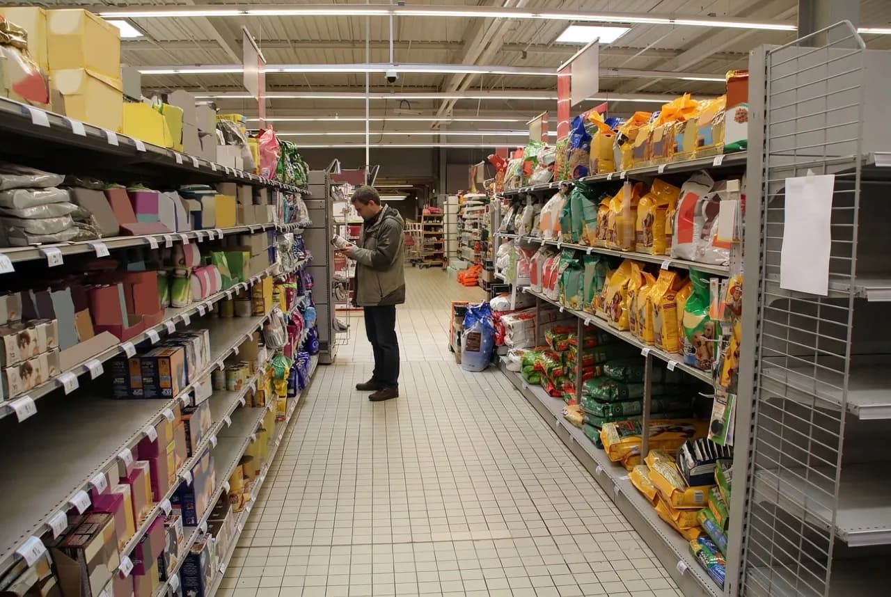 Shopper reading a dog-food can label in a brightly lit pet-store aisle with a recall notice visible on the shelf.