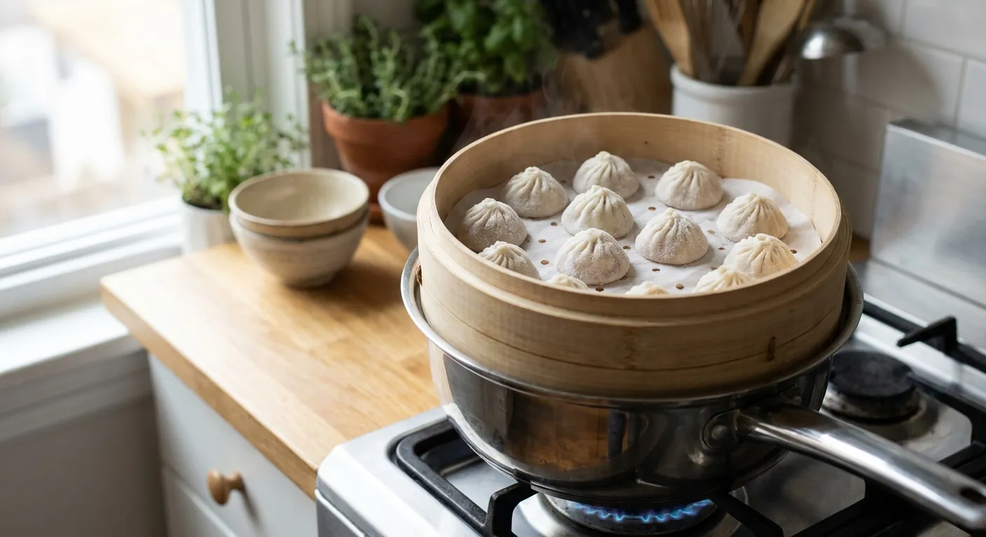 Frozen soup dumplings arranged on parchment in a bamboo steamer on a home stove