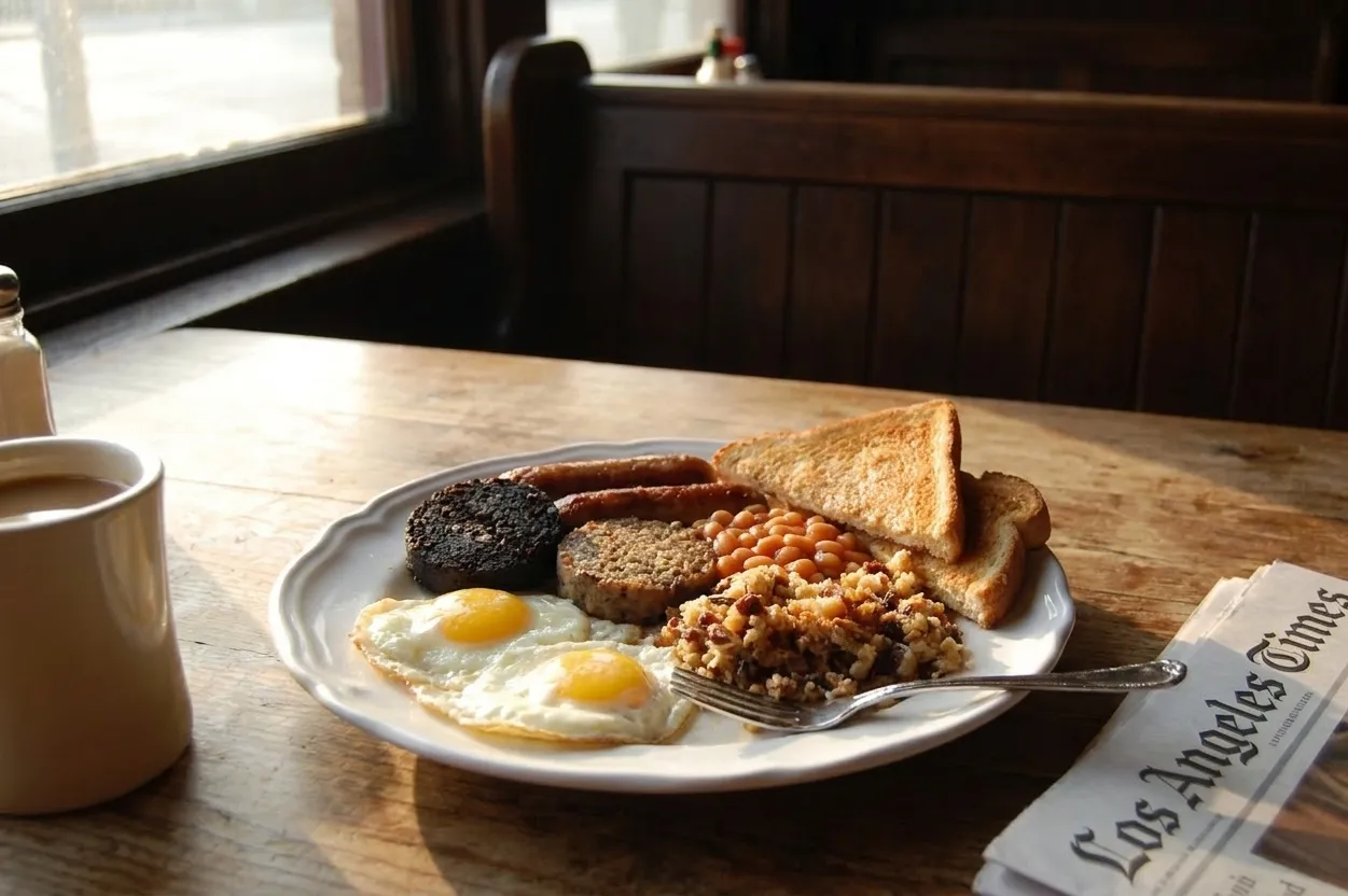 Full Irish breakfast plate with eggs, sausage, black pudding, beans, and toast on a wooden table at a Los Angeles pub