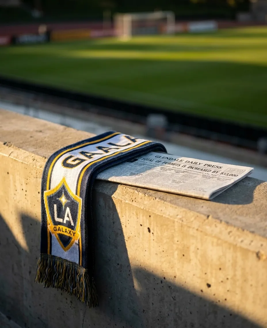 LA Galaxy scarf and match ticket on a stadium concrete ledge with the field visible in soft focus behind