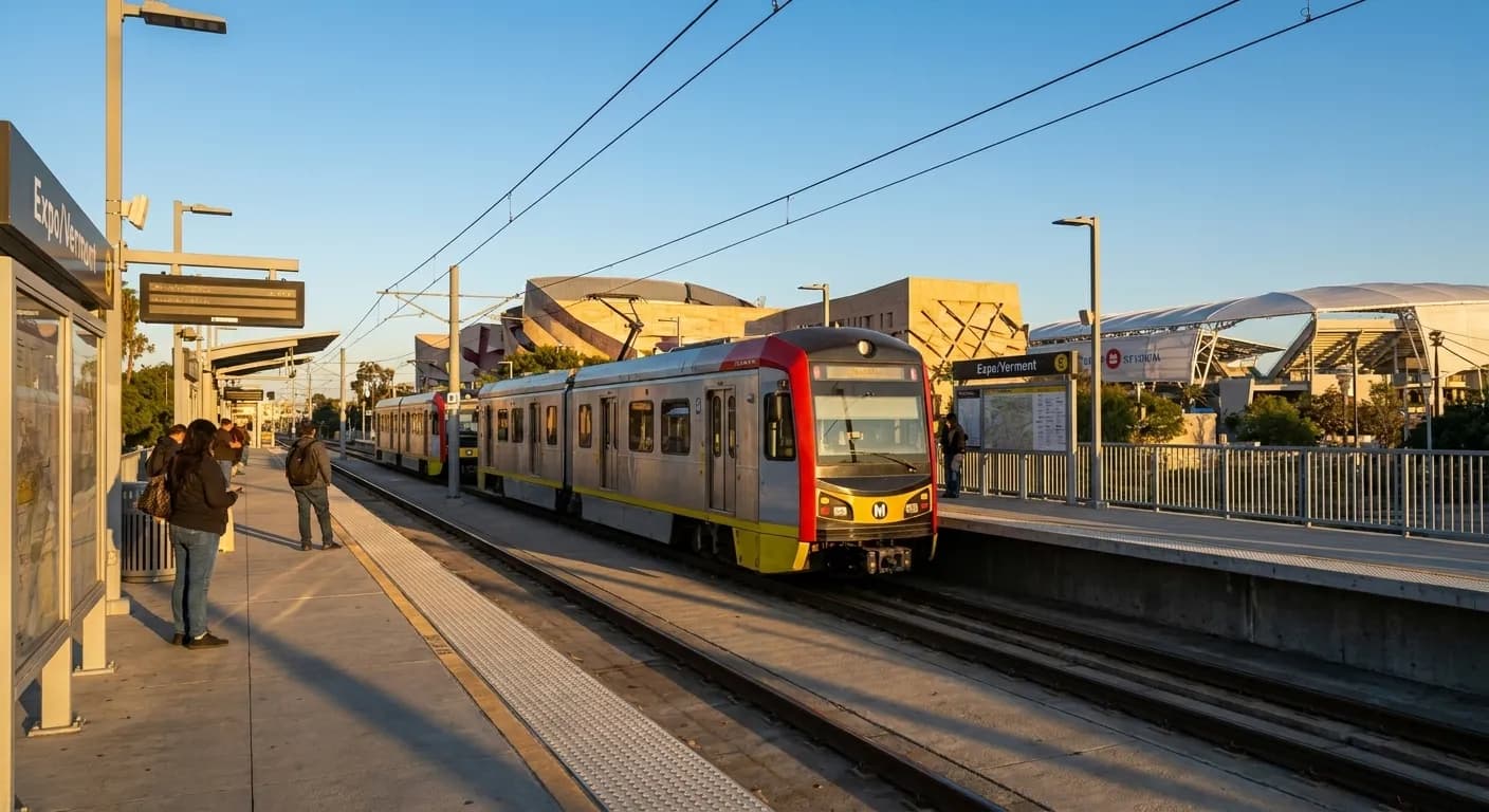 Metro E Line train at Expo/Vermont station platform with Exposition Park in the background