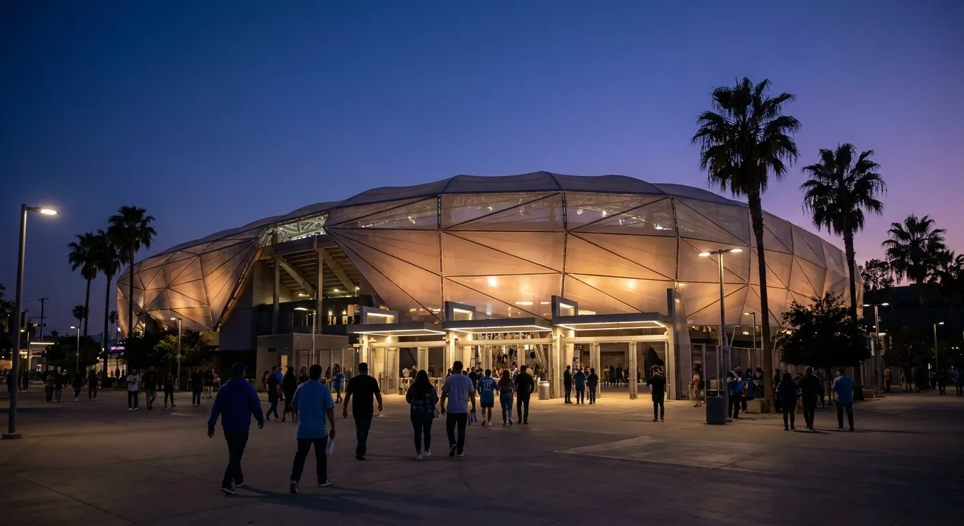 BMO Stadium's modern exterior at dusk with stadium lights illuminating the facade and fans walking toward the entrance gates