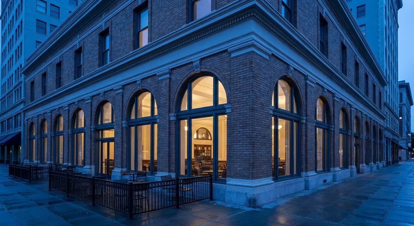 Oakland Athletic Club exterior on Grand Avenue in downtown Oakland, two-story corner building with large windows and outdoor seating area
