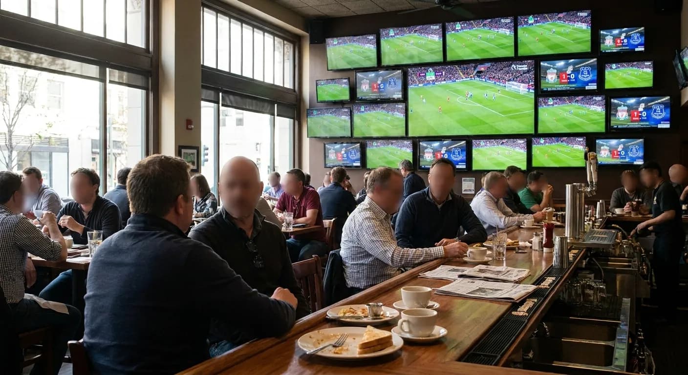 Interior view of Oakland Athletic Club showing wall of television screens broadcasting soccer match, bar seating and tables in foreground