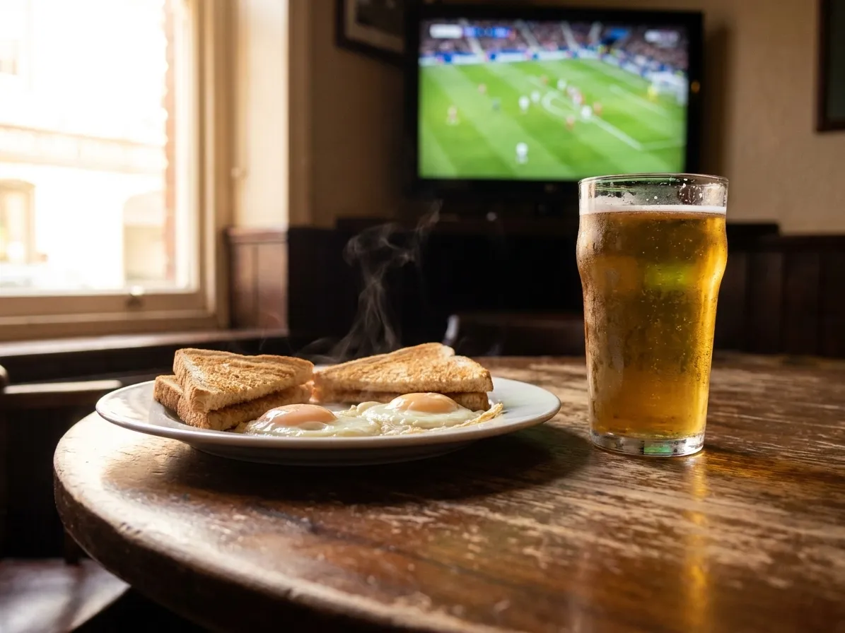Breakfast plate with eggs and toast next to a pint of beer on wooden pub table during early morning Premier League match