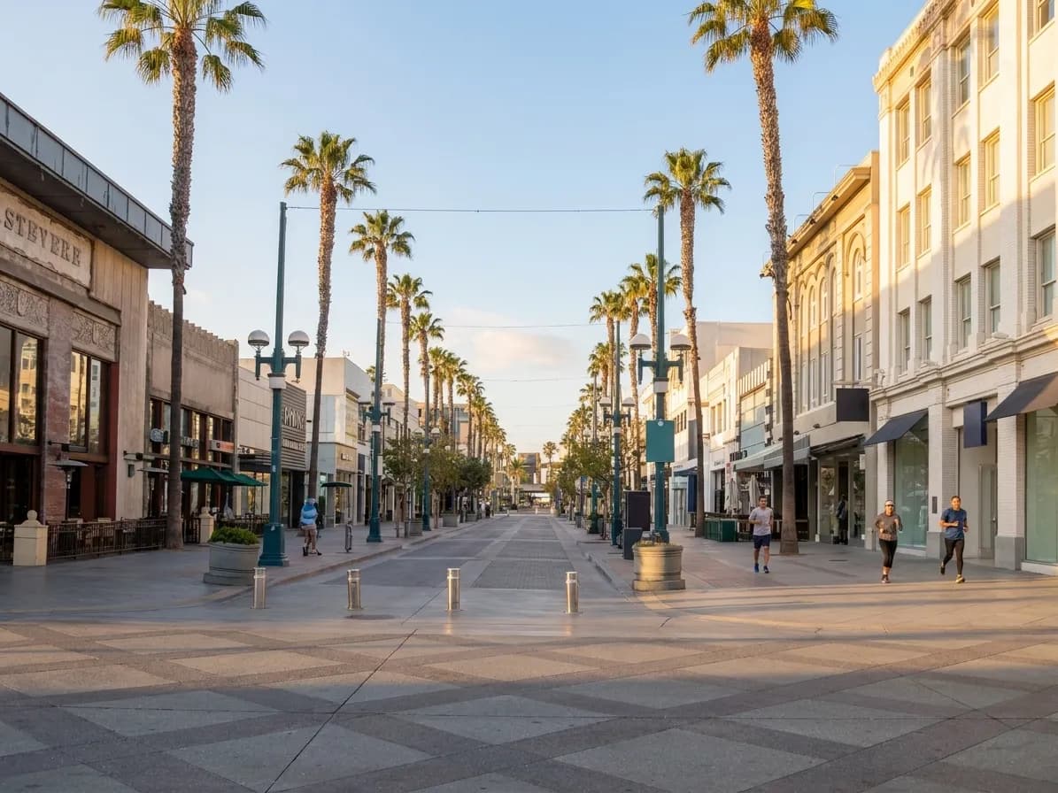 Santa Monica Boulevard looking toward the pier and Third Street Promenade in early morning light