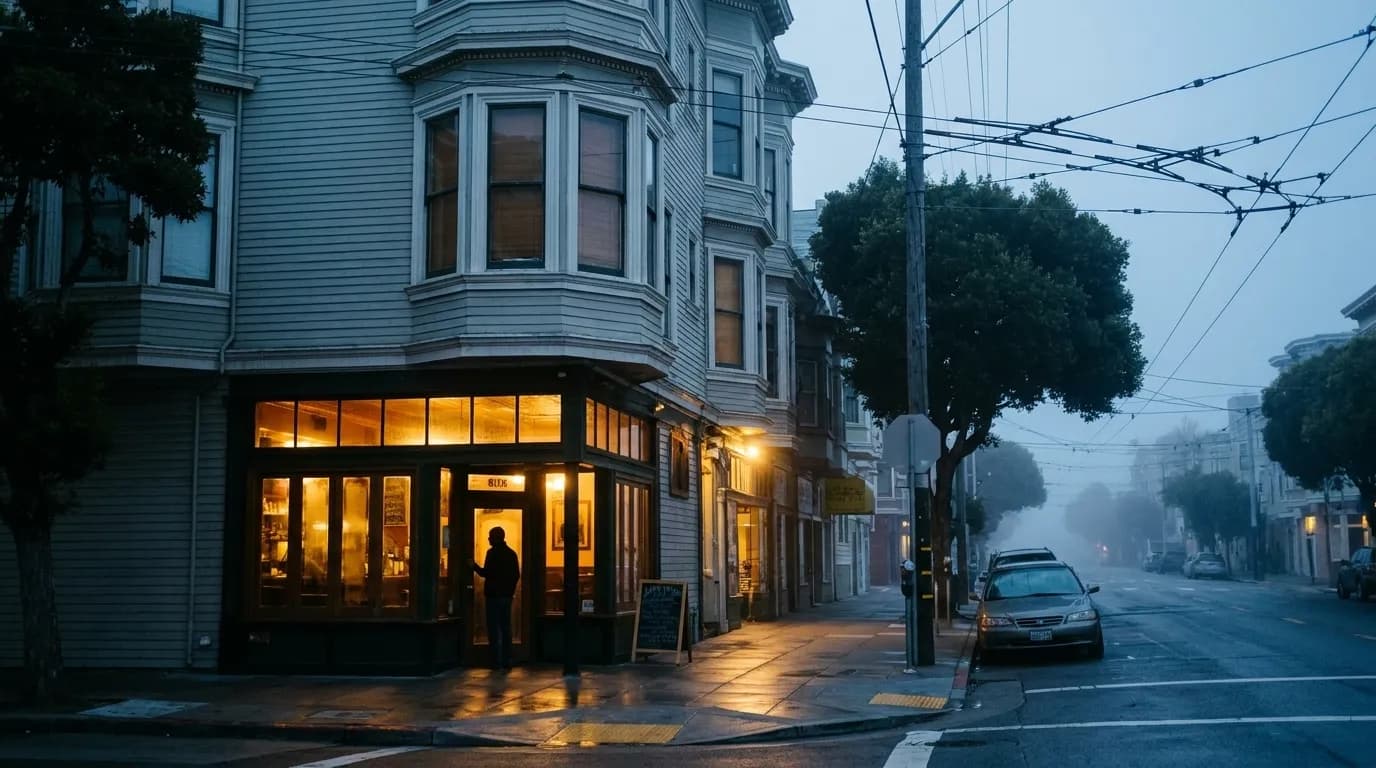 Corner pub on Haight Street in San Francisco's Lower Haight lit from inside before sunrise, fog down the block
