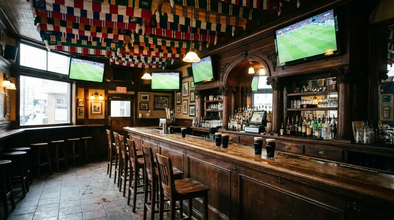 Interior of a San Francisco Irish pub in the morning with supporters scarves across the ceiling and screens showing a football pitch