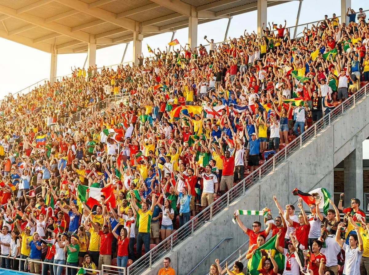 Steep tiered seating at Arrowhead Stadium filled with cheering fans in daylight showing the bowl's acoustic design that amplifies crowd noise
