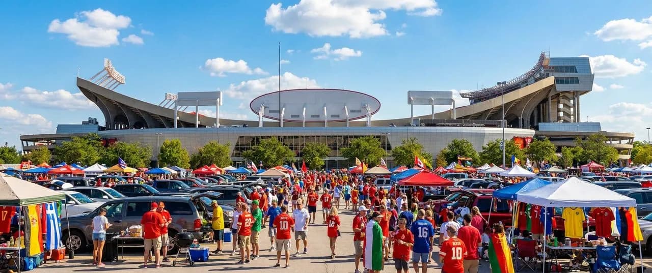 Arrowhead Stadium exterior with sprawling tailgate lots under clear blue Kansas sky as fans gather before a World Cup match
