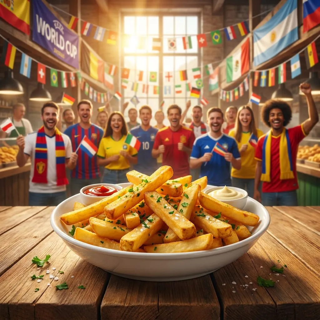 A colorful plated dish from an Atlanta food-hall stall photographed in warm sunlight, with a small national flag accent celebrating World Cup spirit