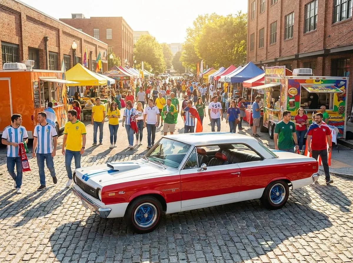A sunny Atlanta market exterior with crowds arriving under blue skies, festive World Cup banners and scarves visible among the cheerful foot traffic