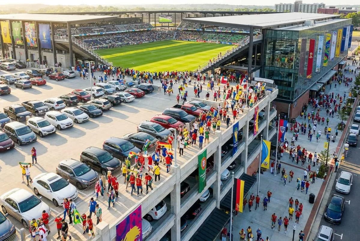 A multi-level parking deck beside a modern stadium in daylight with clear blue skies and fans streaming toward the entrance